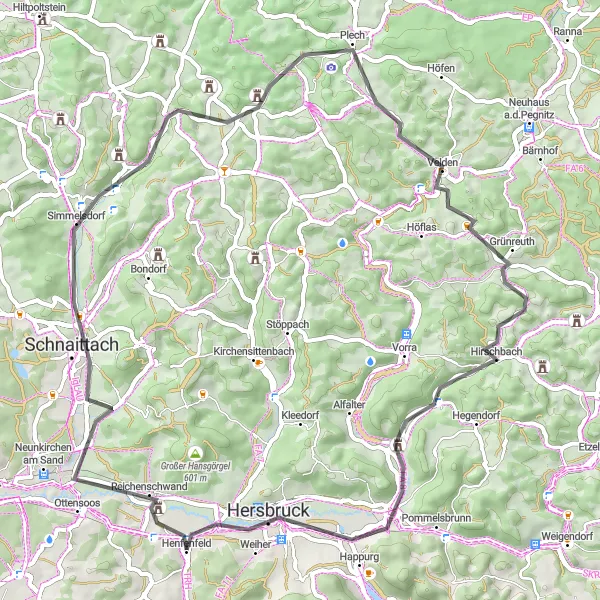 Karten-Miniaturansicht der Radinspiration "Kurze Schleife um Henfenfeld" in Mittelfranken, Germany. Erstellt vom Tarmacs.app-Routenplaner für Radtouren