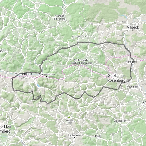 Karten-Miniaturansicht der Radinspiration "Hügelige Strecke um Henfenfeld" in Mittelfranken, Germany. Erstellt vom Tarmacs.app-Routenplaner für Radtouren