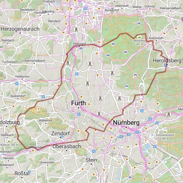 Map miniature of "Heroldsberg to Mistelberg Gravel Ride" cycling inspiration in Mittelfranken, Germany. Generated by Tarmacs.app cycling route planner