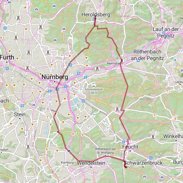 Map miniature of "Gravel Adventure: Nuremberg and Wendelstein" cycling inspiration in Mittelfranken, Germany. Generated by Tarmacs.app cycling route planner