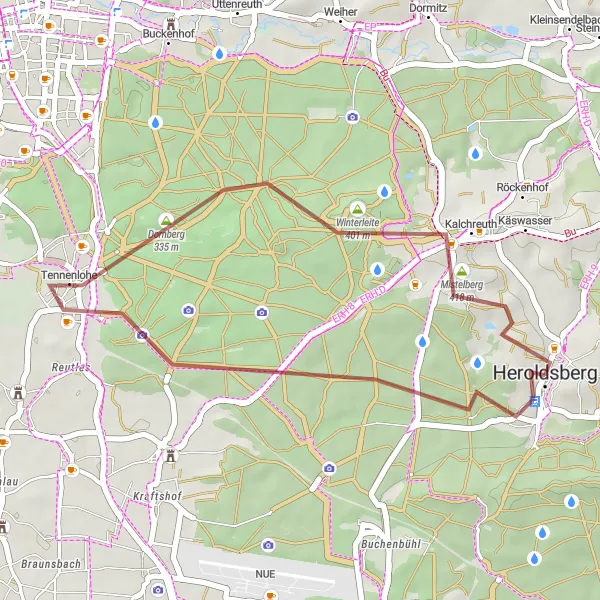 Map miniature of "Heroldsberg - Gründlacher Berg - Fuhrmannsstein - Kalchreuth - Mistelberg Gravel Loop" cycling inspiration in Mittelfranken, Germany. Generated by Tarmacs.app cycling route planner