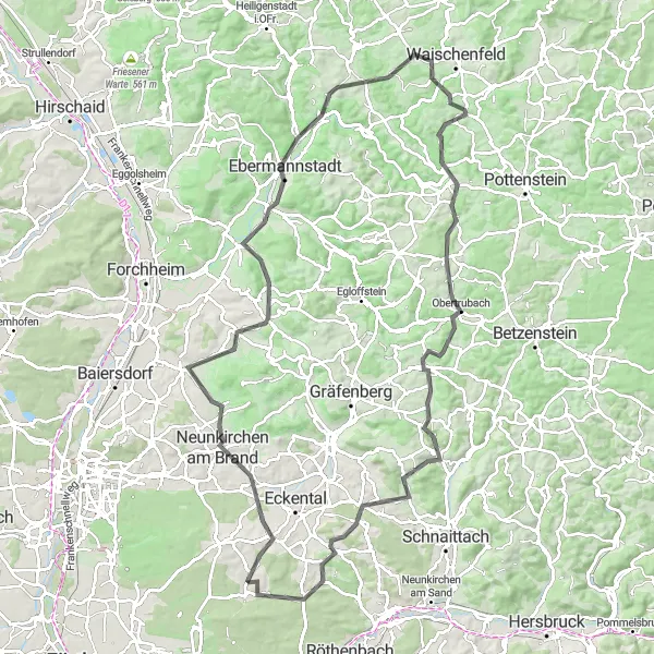 Map miniature of "Heroldsberg - Gugel - Hetzles - Pretzfeld - Kreuz - Johannisburg - Obertrubach - Arzberg - Neunhof - Ochsenkopf - Grünes Schloss Loop" cycling inspiration in Mittelfranken, Germany. Generated by Tarmacs.app cycling route planner