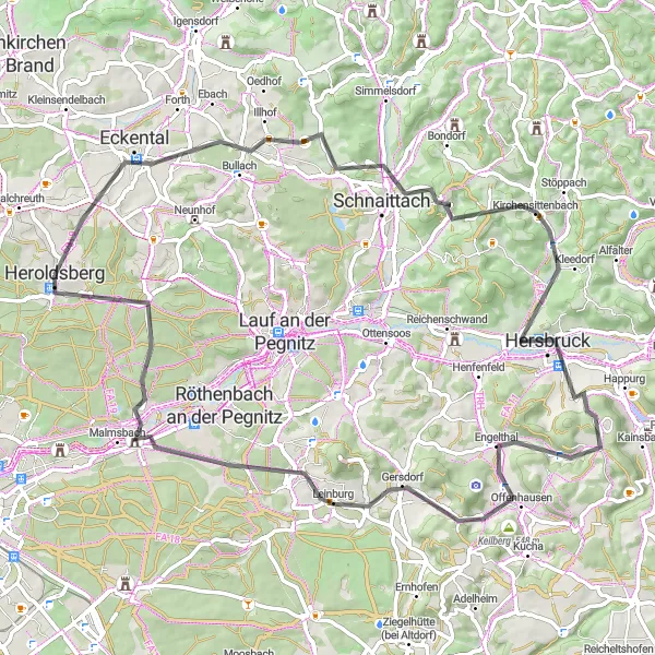 Map miniature of "Road Cycling Adventure: Hills and Forests" cycling inspiration in Mittelfranken, Germany. Generated by Tarmacs.app cycling route planner