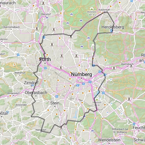 Map miniature of "Heroldsberg - Rechenberg - Kongresshalle - Falkenheim - Föhrenbuck - Oberasbach - Vestner Turm - Mistelberg - Kalchreuth Loop" cycling inspiration in Mittelfranken, Germany. Generated by Tarmacs.app cycling route planner