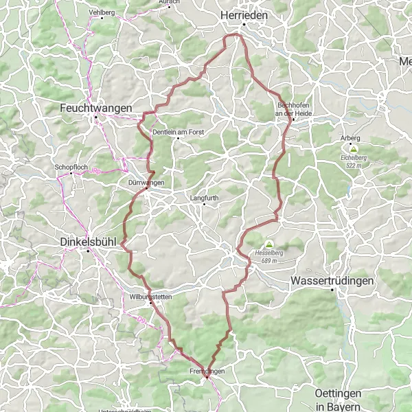 Karten-Miniaturansicht der Radinspiration "Gravel Tour um Herrieden" in Mittelfranken, Germany. Erstellt vom Tarmacs.app-Routenplaner für Radtouren
