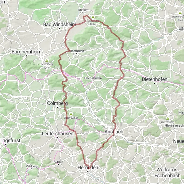 Map miniature of "Gravel Adventure: A Journey Through Nature" cycling inspiration in Mittelfranken, Germany. Generated by Tarmacs.app cycling route planner