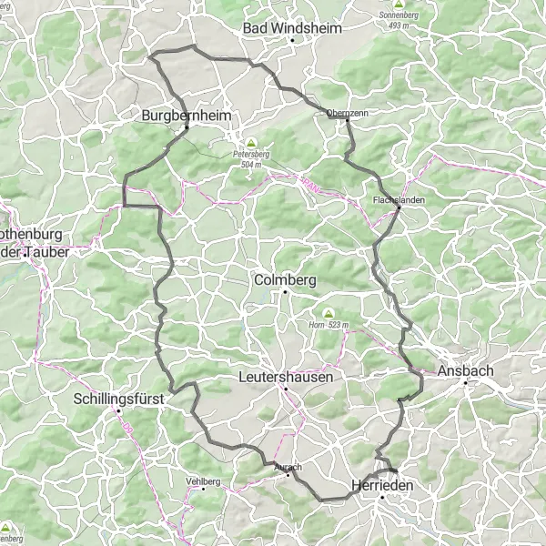 Map miniature of "Herrieden and Beyond" cycling inspiration in Mittelfranken, Germany. Generated by Tarmacs.app cycling route planner