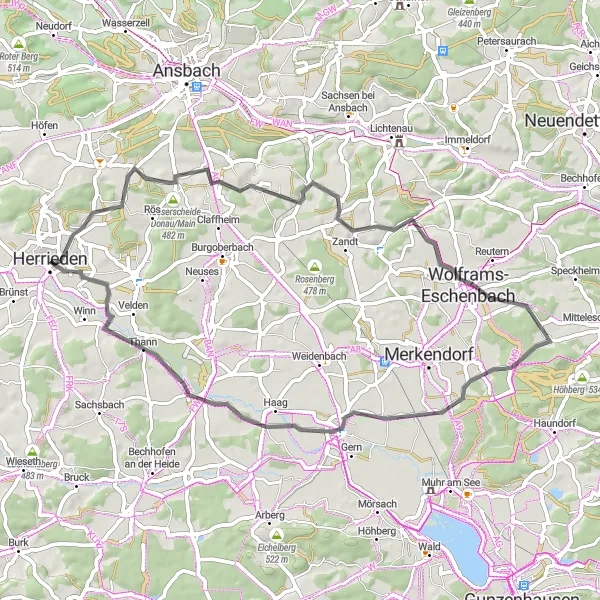 Map miniature of "Winding Through Wolfartswinden" cycling inspiration in Mittelfranken, Germany. Generated by Tarmacs.app cycling route planner