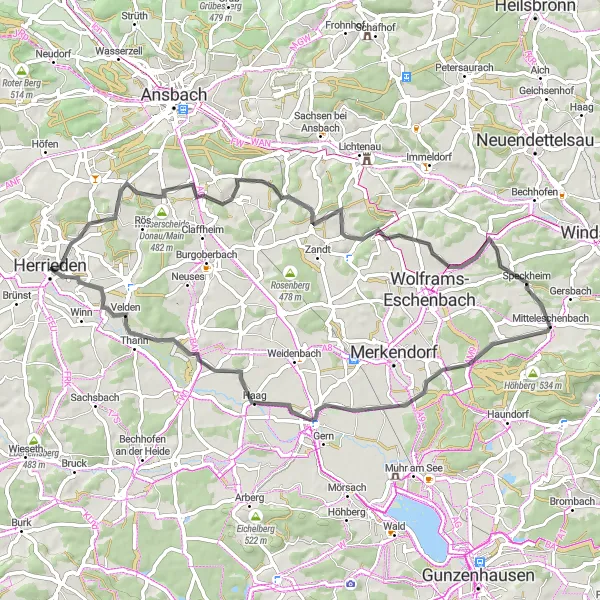 Karten-Miniaturansicht der Radinspiration "Schloßberg und Brodswinden Radtour" in Mittelfranken, Germany. Erstellt vom Tarmacs.app-Routenplaner für Radtouren