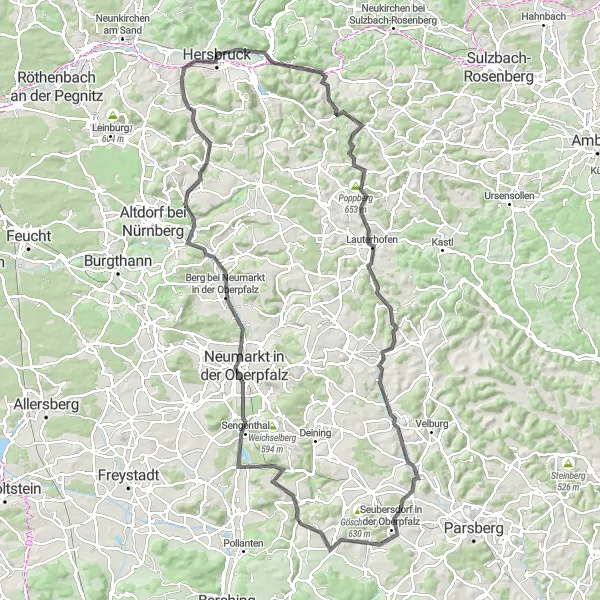 Map miniature of "The Valleys and Castles" cycling inspiration in Mittelfranken, Germany. Generated by Tarmacs.app cycling route planner