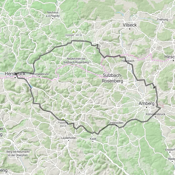 Map miniature of "The Hirschbach Challenge" cycling inspiration in Mittelfranken, Germany. Generated by Tarmacs.app cycling route planner