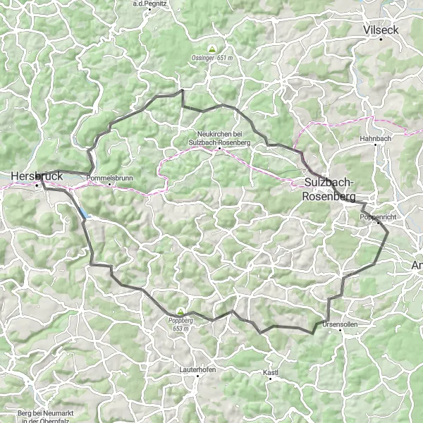 Map miniature of "The Valleys and Heights" cycling inspiration in Mittelfranken, Germany. Generated by Tarmacs.app cycling route planner