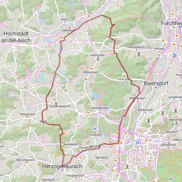 Map miniature of "Gravel Adventure to Geiersberg" cycling inspiration in Mittelfranken, Germany. Generated by Tarmacs.app cycling route planner