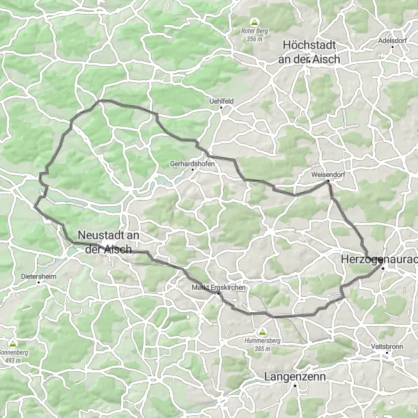 Karten-Miniaturansicht der Radinspiration "Emskirchen-Runde" in Mittelfranken, Germany. Erstellt vom Tarmacs.app-Routenplaner für Radtouren