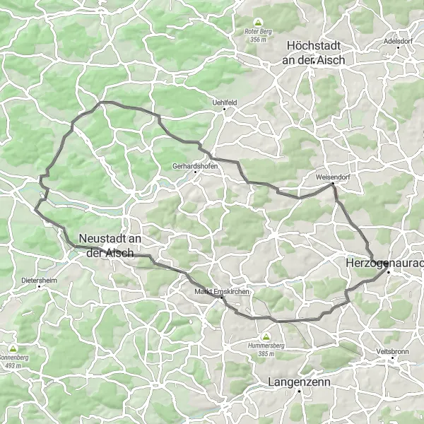 Map miniature of "The Hills of Mittelfranken" cycling inspiration in Mittelfranken, Germany. Generated by Tarmacs.app cycling route planner