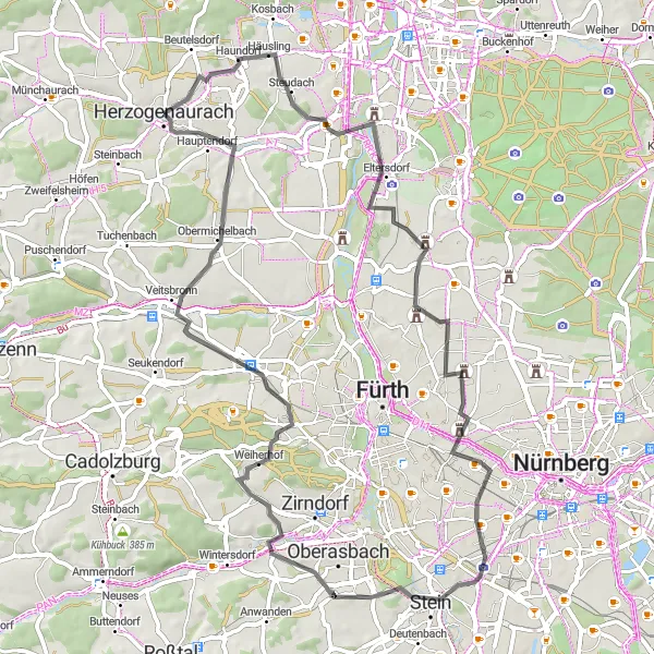 Map miniature of "Herzogenaurach Countryside Escape" cycling inspiration in Mittelfranken, Germany. Generated by Tarmacs.app cycling route planner