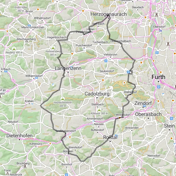 Karten-Miniaturansicht der Radinspiration "Mittelfranken Straßenradtour" in Mittelfranken, Germany. Erstellt vom Tarmacs.app-Routenplaner für Radtouren