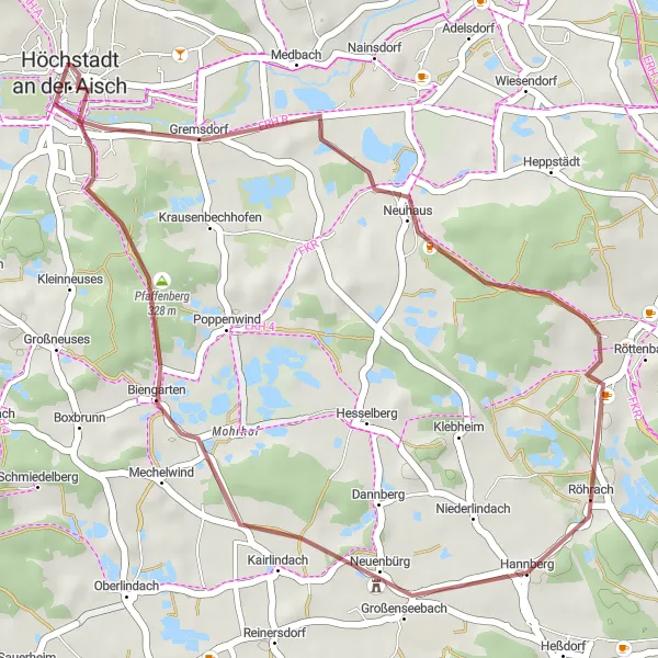 Map miniature of "Hessdorf-Pfaffenberg-Höchstadt an der Aisch-Röttenbach-Eichelberg Circuit" cycling inspiration in Mittelfranken, Germany. Generated by Tarmacs.app cycling route planner