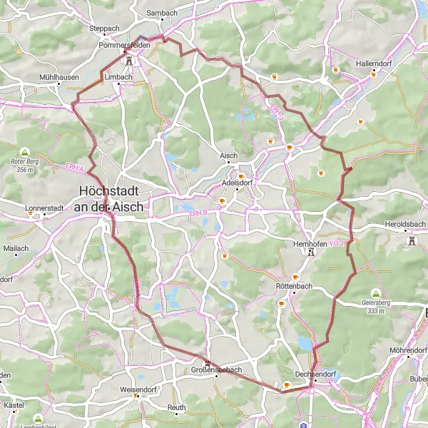 Map miniature of "Hessdorf-Neuenbürg-Pfaffenberg-Nackendorf-Pommersfelden-Haid-Vogelbeobachtungswand-Dechsendorf Circuit" cycling inspiration in Mittelfranken, Germany. Generated by Tarmacs.app cycling route planner