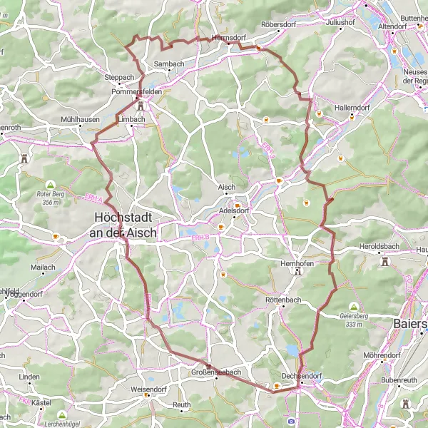 Map miniature of "Hessdorf-Neuenbürg-Pfaffenberg-Nackendorf-Schlüsselau-Kreuzberg-Haid-Vogelbeobachtungswand-Dechsendorf Circuit" cycling inspiration in Mittelfranken, Germany. Generated by Tarmacs.app cycling route planner