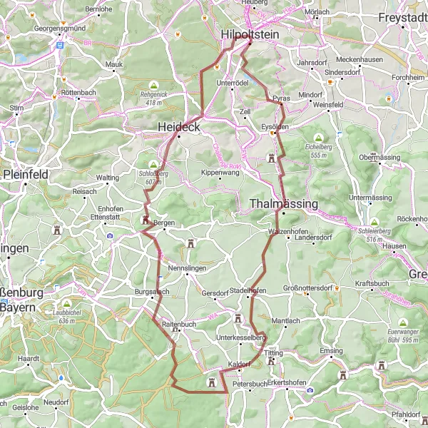Karten-Miniaturansicht der Radinspiration "Kulturreiche Rundfahrt um Hilpoltstein" in Mittelfranken, Germany. Erstellt vom Tarmacs.app-Routenplaner für Radtouren