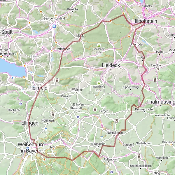 Map miniature of "Alfershausen to Hilpoltstein Gravel Cycling Route" cycling inspiration in Mittelfranken, Germany. Generated by Tarmacs.app cycling route planner