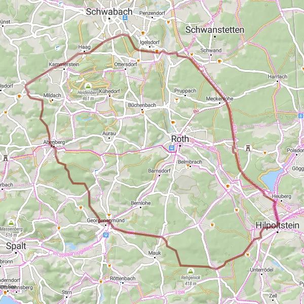 Karten-Miniaturansicht der Radinspiration "Gravel-Rundreise um Hilpoltstein" in Mittelfranken, Germany. Erstellt vom Tarmacs.app-Routenplaner für Radtouren