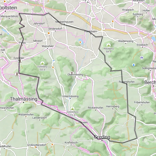 Karten-Miniaturansicht der Radinspiration "Rund um Hilpoltstein über Meckenhausen und Eibach" in Mittelfranken, Germany. Erstellt vom Tarmacs.app-Routenplaner für Radtouren