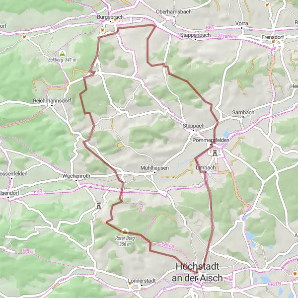 Map miniature of "The Aischgraben Gravel Adventure" cycling inspiration in Mittelfranken, Germany. Generated by Tarmacs.app cycling route planner