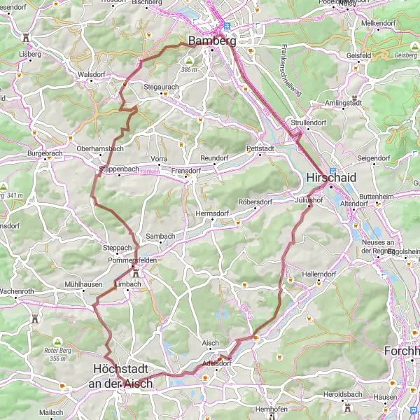 Map miniature of "Pommersfelden and Kreuzberg Adventure (Gravel)" cycling inspiration in Mittelfranken, Germany. Generated by Tarmacs.app cycling route planner