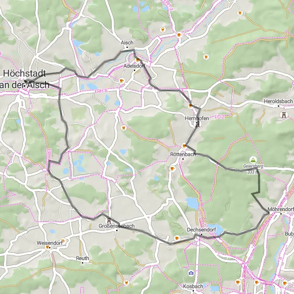 Map miniature of "Hochstadt Circle Over Hilltops" cycling inspiration in Mittelfranken, Germany. Generated by Tarmacs.app cycling route planner