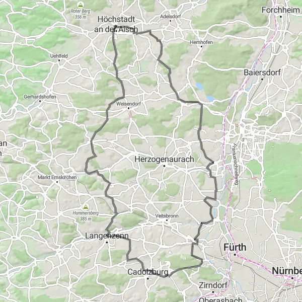Map miniature of "Höchstadt Circular Road Cycling Route" cycling inspiration in Mittelfranken, Germany. Generated by Tarmacs.app cycling route planner