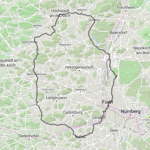 Map miniature of "Höchstadt and Erlangen Road Cycling Route" cycling inspiration in Mittelfranken, Germany. Generated by Tarmacs.app cycling route planner