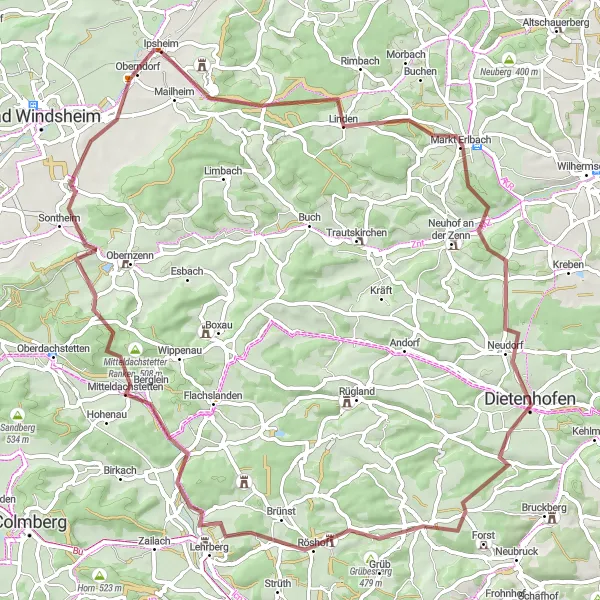 Karten-Miniaturansicht der Radinspiration "Mittelfranken Gravelabenteuer - Von Sonnenberg nach Oberndorf" in Mittelfranken, Germany. Erstellt vom Tarmacs.app-Routenplaner für Radtouren
