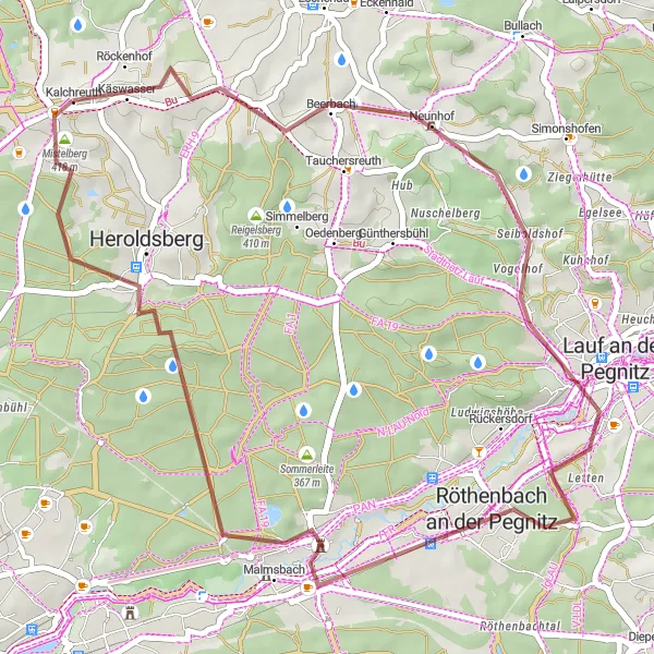 Map miniature of "Kalchreuth to Mistelberg Gravel Route" cycling inspiration in Mittelfranken, Germany. Generated by Tarmacs.app cycling route planner