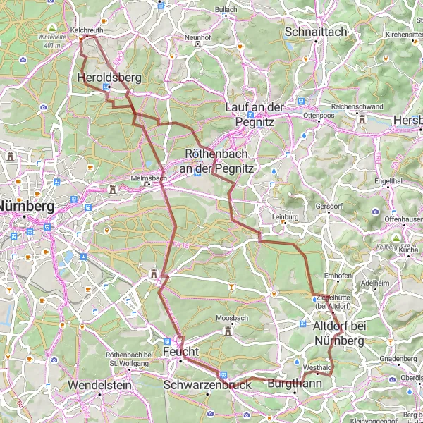 Karten-Miniaturansicht der Radinspiration "Entdeckungstour rund um Kalchreuth - Gravelabenteuer durch Mittelfranken" in Mittelfranken, Germany. Erstellt vom Tarmacs.app-Routenplaner für Radtouren