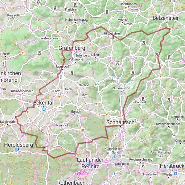 Map miniature of "Eberhardsberg to Käswasser via Gräfenberg and Steinberg" cycling inspiration in Mittelfranken, Germany. Generated by Tarmacs.app cycling route planner