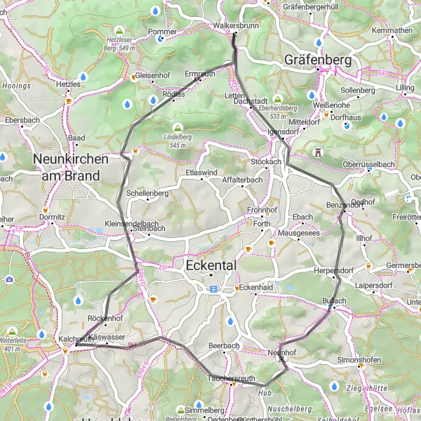 Karten-Miniaturansicht der Radinspiration "Radtour um Kalchreuth - Straßenradroute durch Mittelfranken" in Mittelfranken, Germany. Erstellt vom Tarmacs.app-Routenplaner für Radtouren