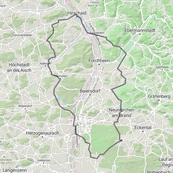 Map miniature of "Mistelberg to Hallerschloss via Hirschaid and Kirchehrenbach" cycling inspiration in Mittelfranken, Germany. Generated by Tarmacs.app cycling route planner