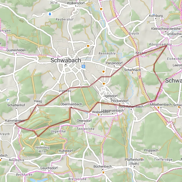 Karten-Miniaturansicht der Radinspiration "Kurze Graveltour um Kammerstein" in Mittelfranken, Germany. Erstellt vom Tarmacs.app-Routenplaner für Radtouren