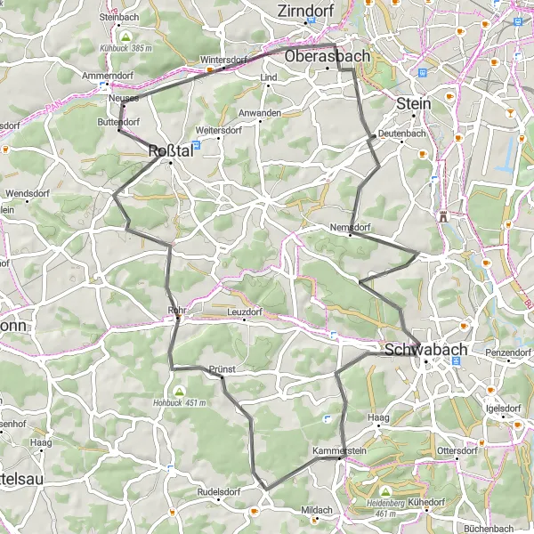 Karten-Miniaturansicht der Radinspiration "Road-Tour durch malerische Landschaft und idyllische Dörfer" in Mittelfranken, Germany. Erstellt vom Tarmacs.app-Routenplaner für Radtouren