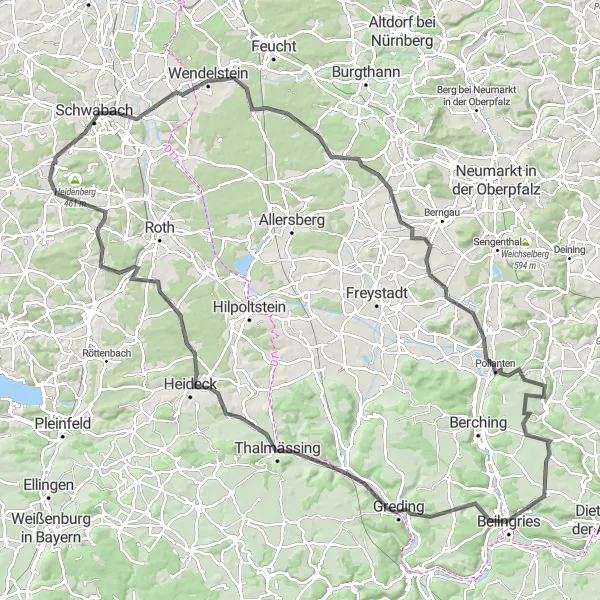 Karten-Miniaturansicht der Radinspiration "Hügeliges Road-Biking Erlebnis" in Mittelfranken, Germany. Erstellt vom Tarmacs.app-Routenplaner für Radtouren