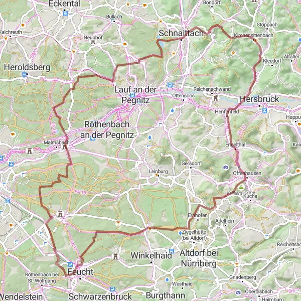 Map miniature of "Scenic Gravel Route in Kirchensittenbach" cycling inspiration in Mittelfranken, Germany. Generated by Tarmacs.app cycling route planner