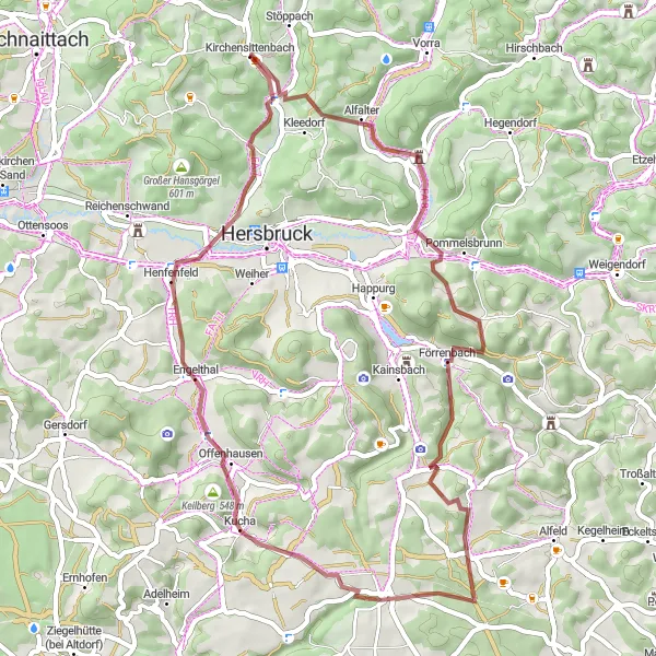 Map miniature of "Gravel Adventure in Kirchensittenbach" cycling inspiration in Mittelfranken, Germany. Generated by Tarmacs.app cycling route planner