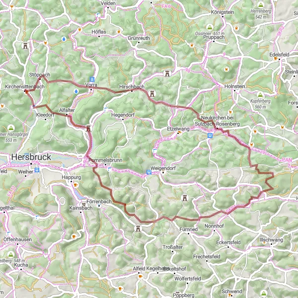 Map miniature of "Thrilling Gravel Journey near Kirchensittenbach" cycling inspiration in Mittelfranken, Germany. Generated by Tarmacs.app cycling route planner