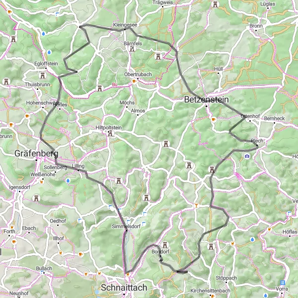 Map miniature of "Challenging Ride to Auerberg and Beyoß	sfcrond: Auerberg Challengeling Attractions" cycling inspiration in Mittelfranken, Germany. Generated by Tarmacs.app cycling route planner