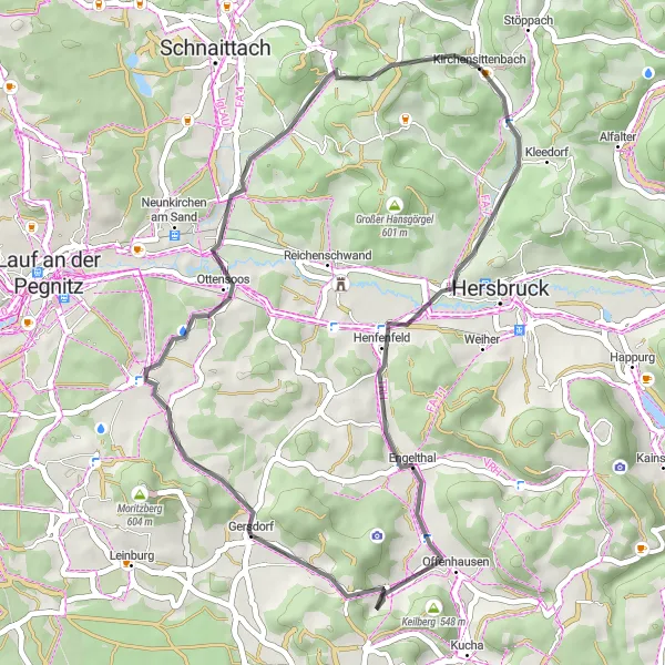 Map miniature of "Scenic Road Cycling Route in Kirchensittenbach" cycling inspiration in Mittelfranken, Germany. Generated by Tarmacs.app cycling route planner