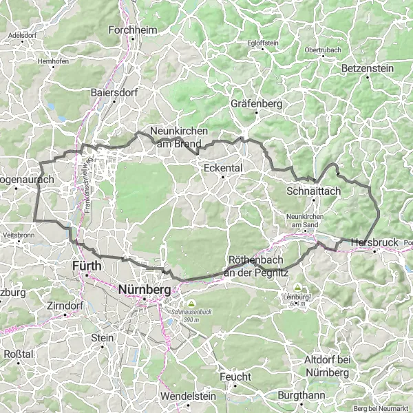 Map miniature of "Road Cycling Adventure in Kirchensittenbach" cycling inspiration in Mittelfranken, Germany. Generated by Tarmacs.app cycling route planner