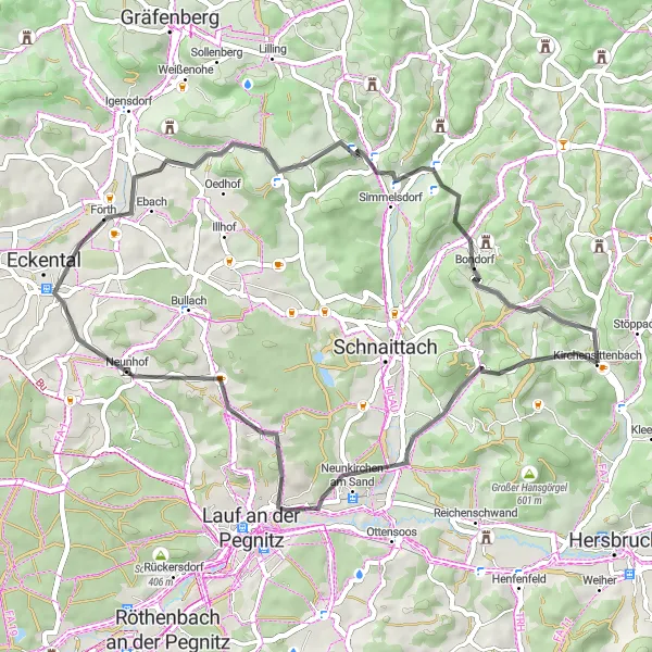 Karten-Miniaturansicht der Radinspiration "Hügeliges Hinterland und malerische Schlösser" in Mittelfranken, Germany. Erstellt vom Tarmacs.app-Routenplaner für Radtouren