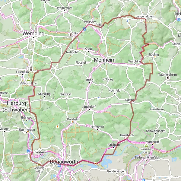 Map miniature of "Nature and History: Langenaltheim Gravel Tour" cycling inspiration in Mittelfranken, Germany. Generated by Tarmacs.app cycling route planner